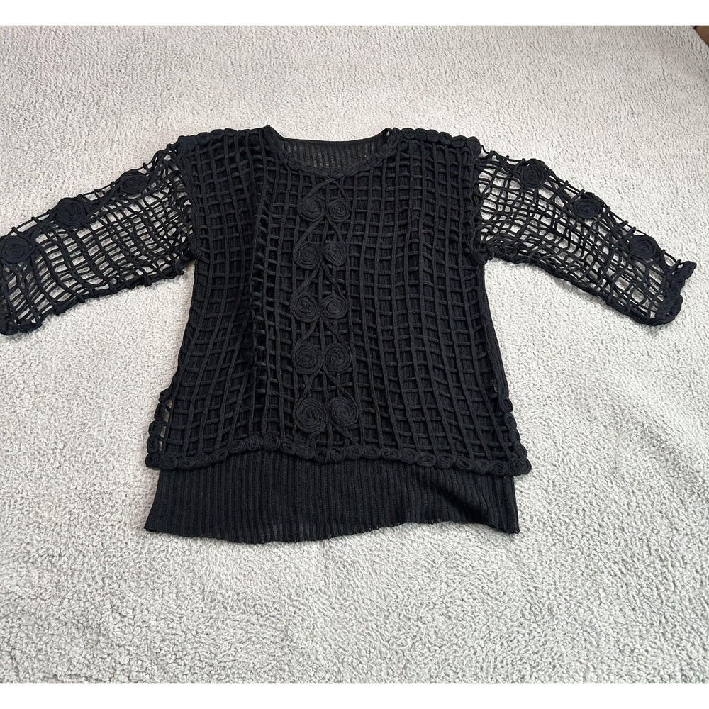 Sweater Womens Medium Black Crochet Open Knit Lace Half Sleeve Rosette Pullover